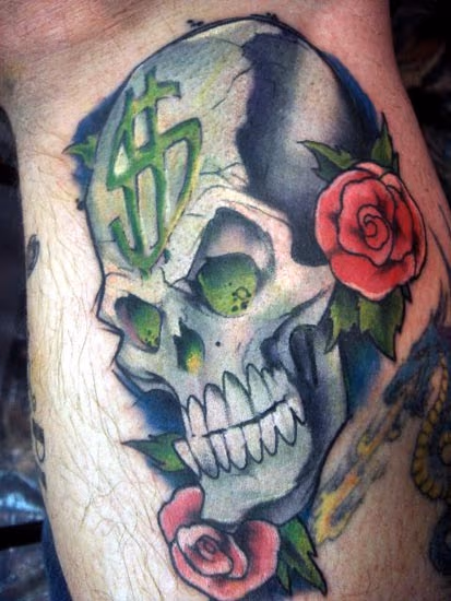 Skull with Cash Symbol and Roses