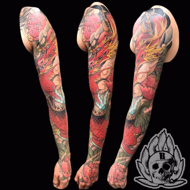 Red Japanese Dragon with peonies to hand