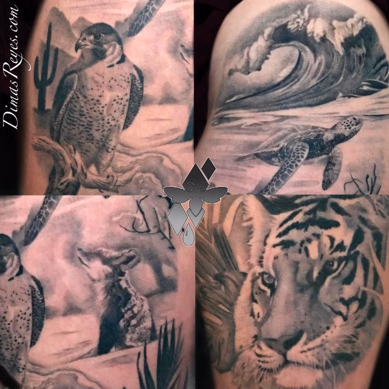 Black and Grey Animal Habitats Tattoo Detail