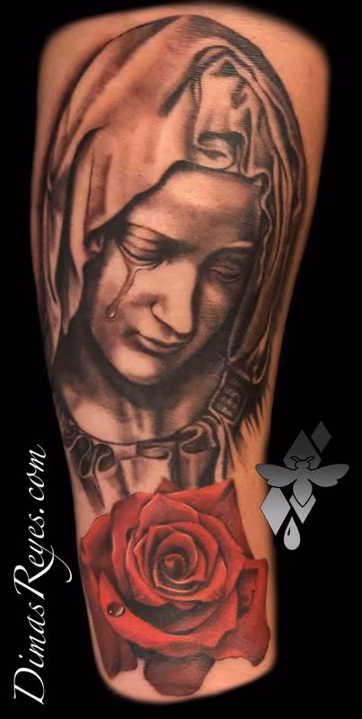 Black and Grey Virgin Mary with Rose tattoo