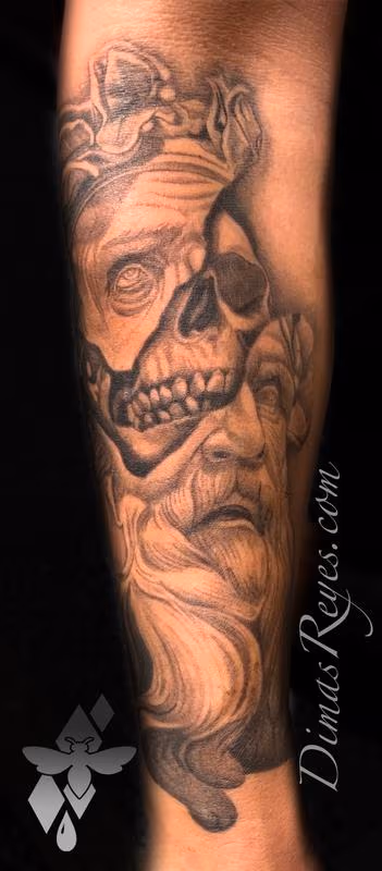 Black and Grey Skull Mythology Portrait Tattoo