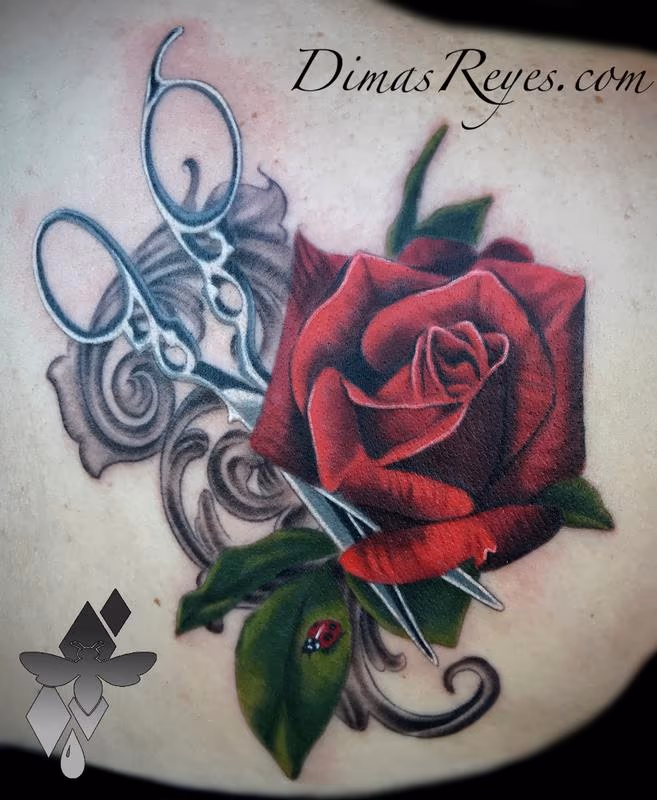 Realistic Color Rose Shears and Ladybug with Filligree