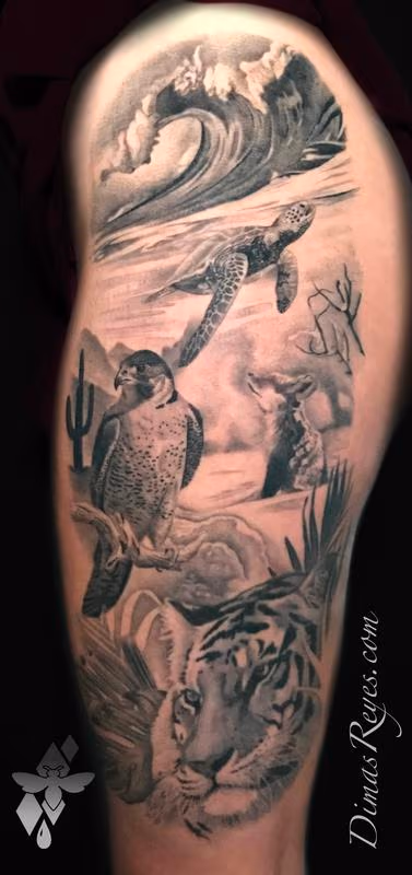Black and Grey Animal Habitats Leg Tattoo