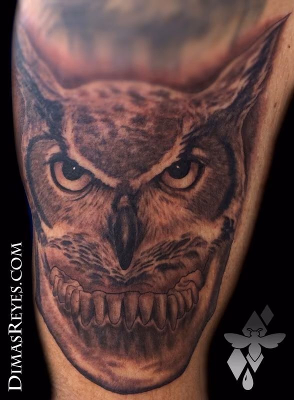 Black and Grey Horned Owl Jawbone Tattoo