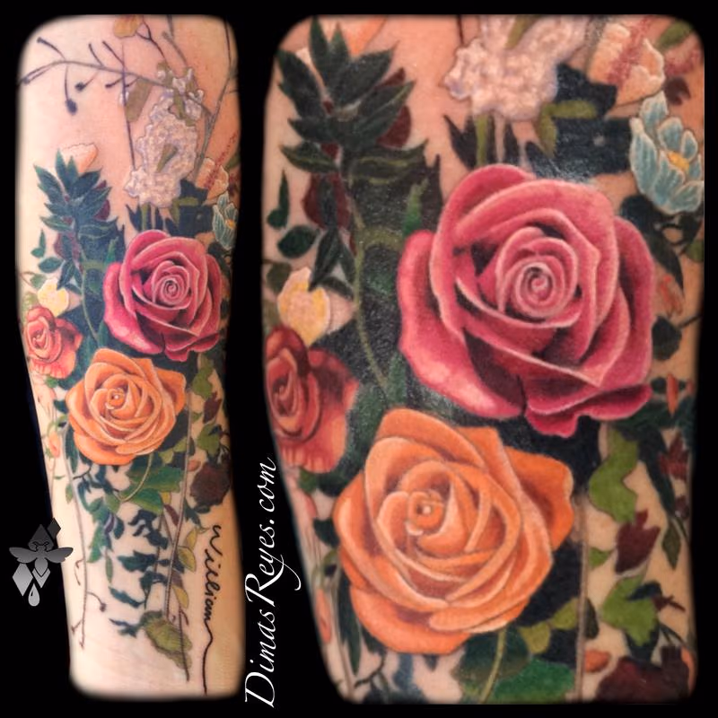 Realistic Color Flower Bouquet Tattoo