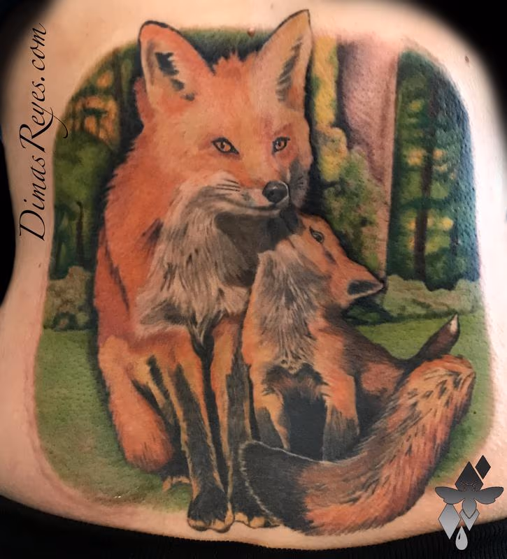Realistic Color Foxes Tattoo