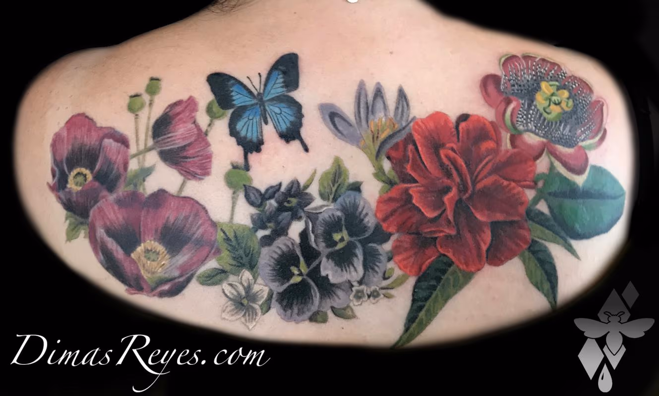 Realistic Color Butterfly and Flowers Tattoo