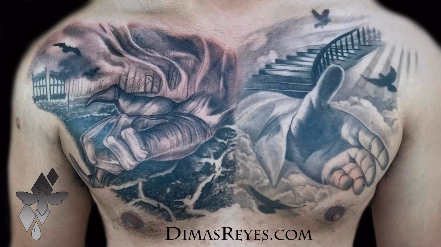 Black and Grey Heaven and Hell tattoo
