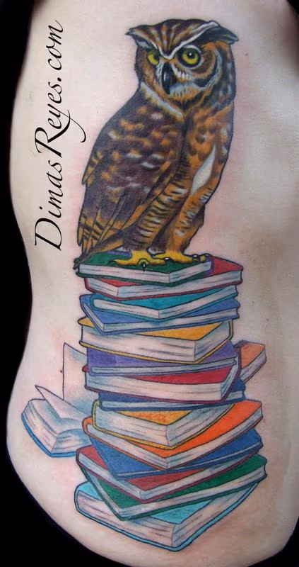Color Wise Owl on Books tattoo