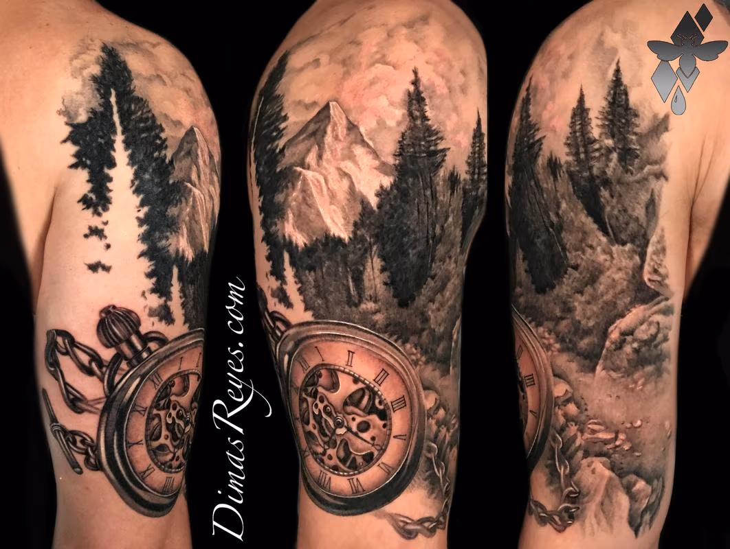 Black and Grey Realistic Mountain Landscape & Pocketwatch Tattoo