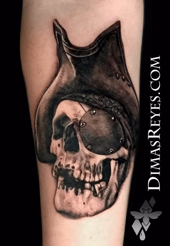 Black and Grey Realistic Pirate Skull Tattoo