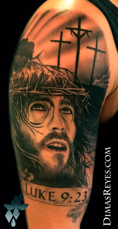Black and Grey Jesus Christ at Calvary tattoo