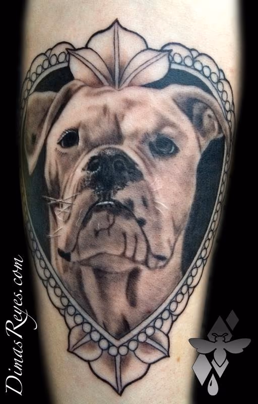 Black and Grey Dog Portrait Frame Tattoo