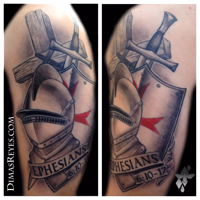 Black and Grey Armor of God tattoo