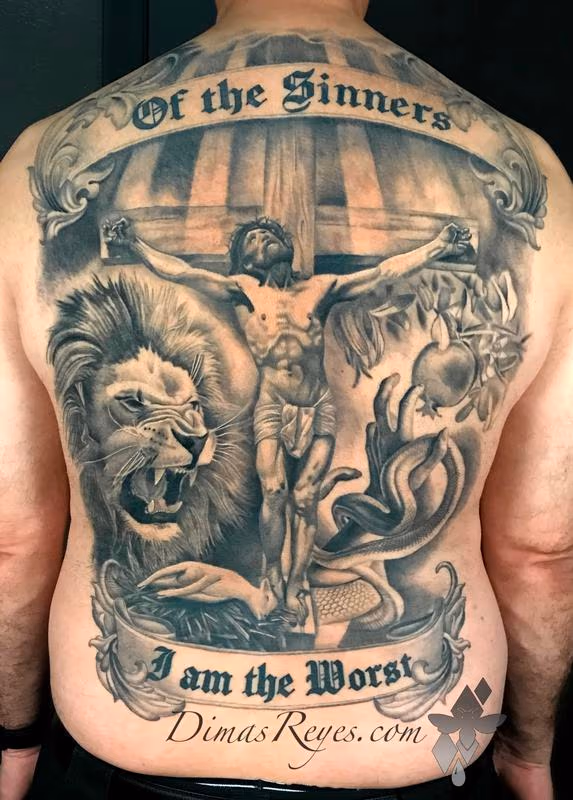 Black and Grey Religious Jesus Cross Portrait Lion Lamb Eve Serpent Back Tattoo