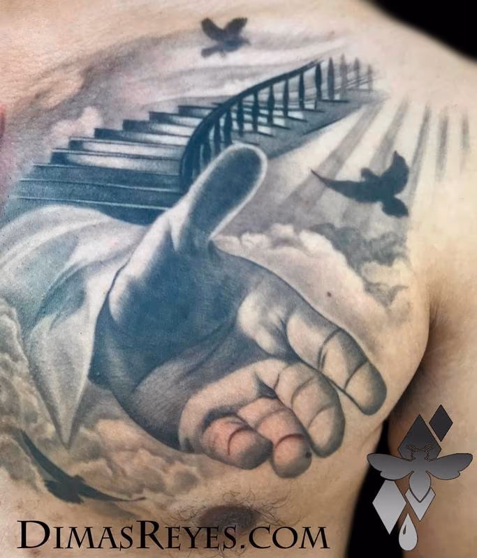 Black and Grey Heaven and Hell tattoo detail