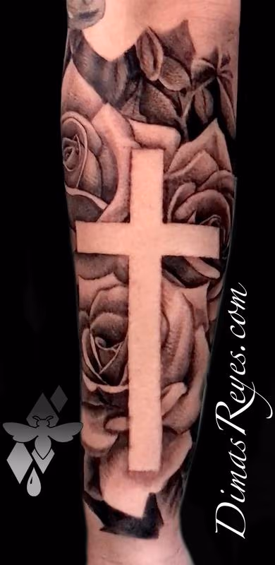 Black and Grey Realistic Roses and Cross tattoo