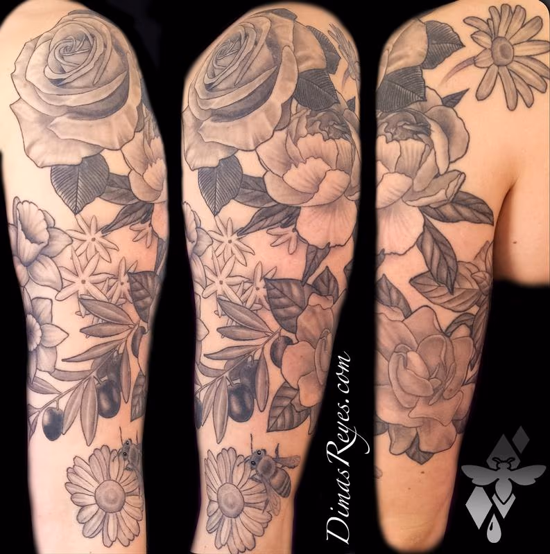 Black and Grey Flowers Tattoo
