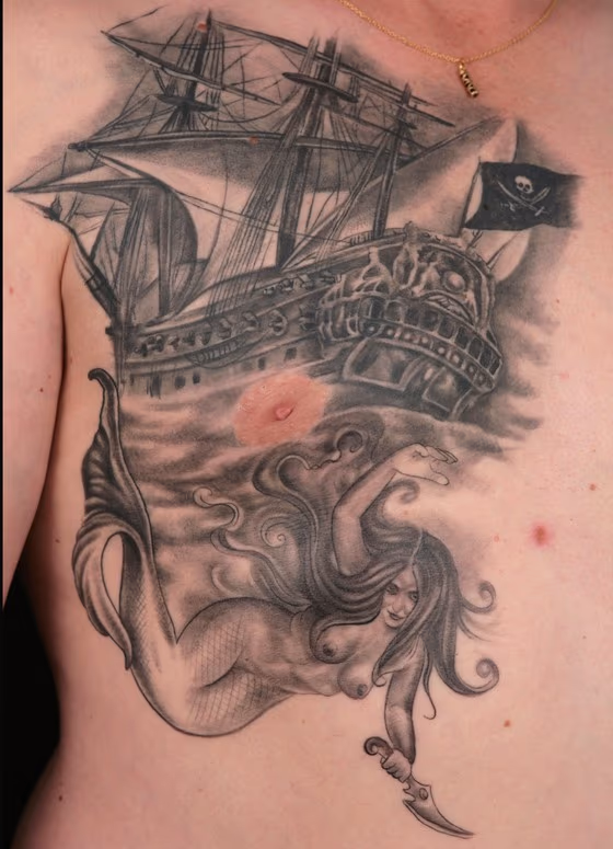 Pirate Ship and Mermaid.stéphane chaudesaigues. tattoo. tatouage.paris. avignon.