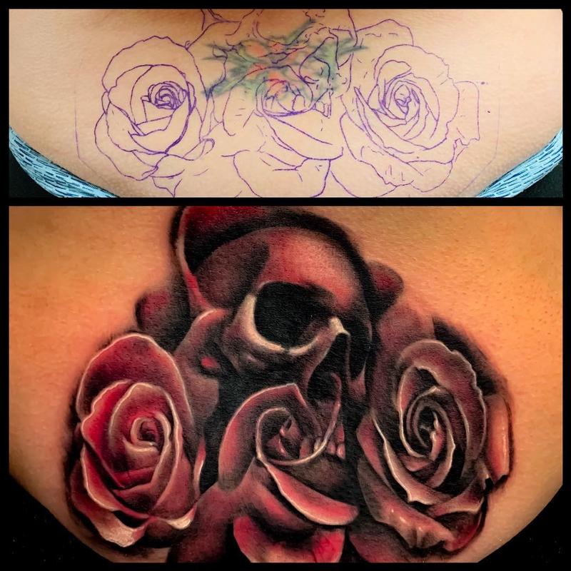 Skull and Roses Coverup Tattoo
