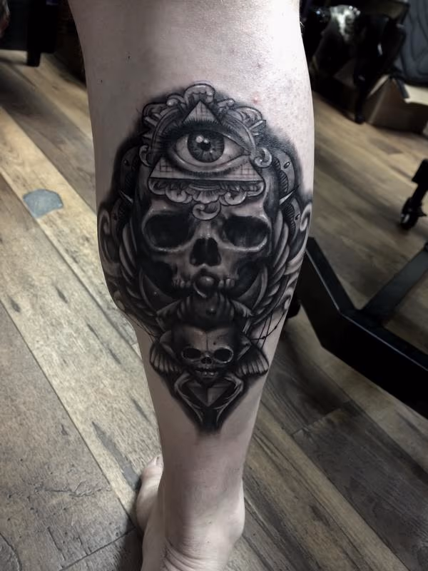 Skull Calf Leg Tattoo