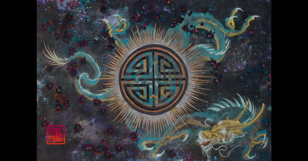 Heliacalia celestial dragon eclipse painting, gold leaf