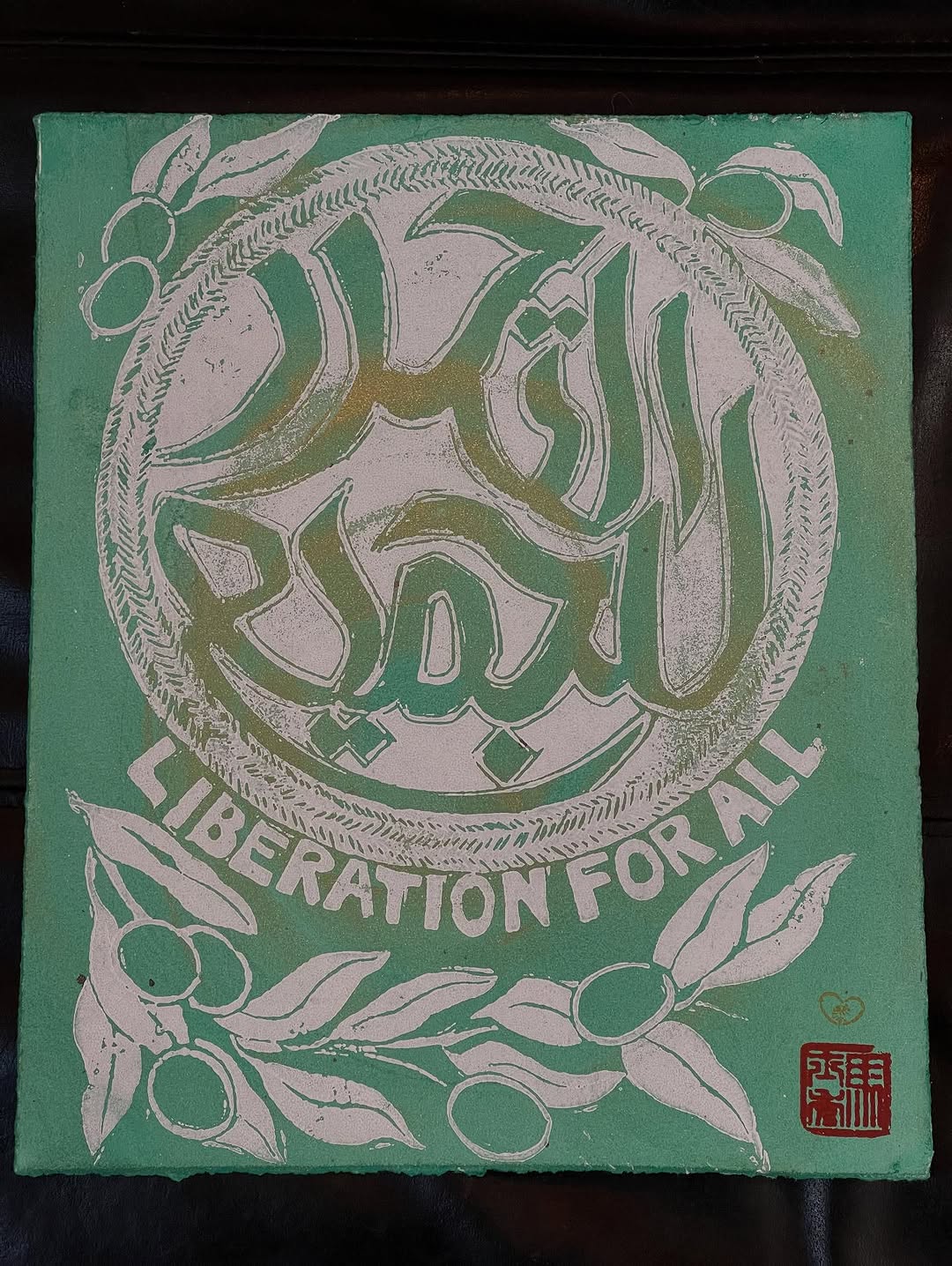 Liberation for All linocut print, pale green