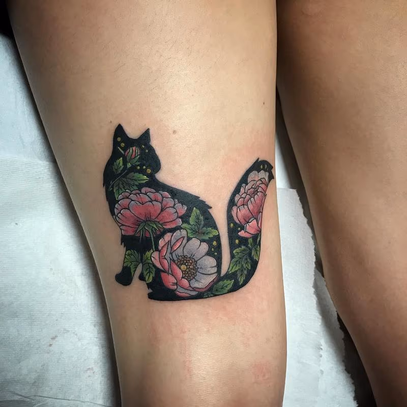 Fluffy Black Cat with Flowers in Color