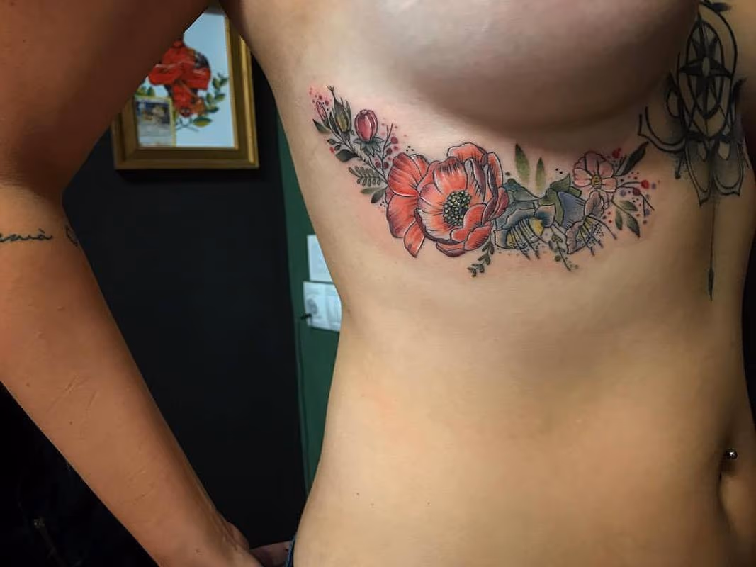Underboob Tattoo with Flowers in Color