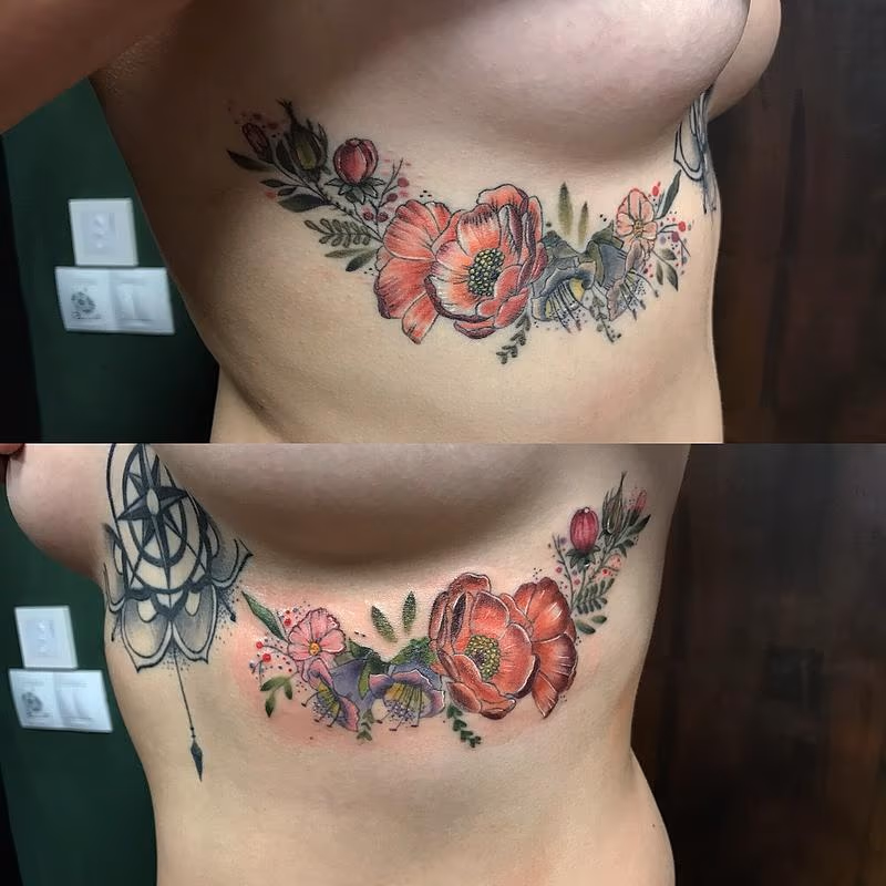 Underboob Tattoo with Flowers in Color and Wind Rose