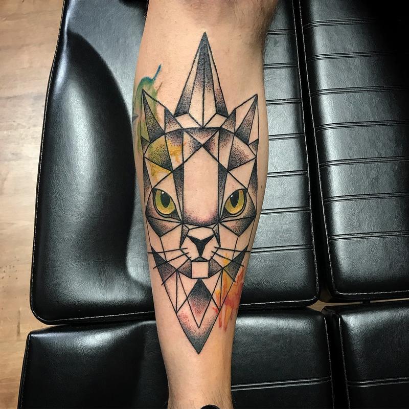 Geometric Cat with Color and Dotwork Shading