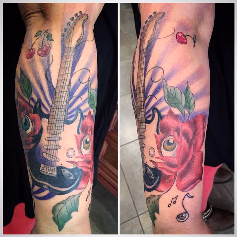 Guitara y rosas a color