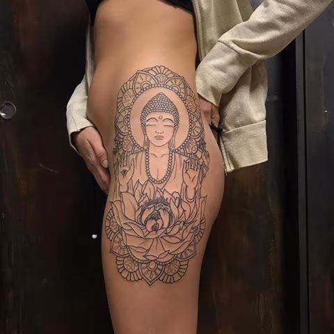 Blackwork Buddha and Lotus Flower
