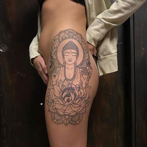 Blackwork Buddha and Lotus Flower