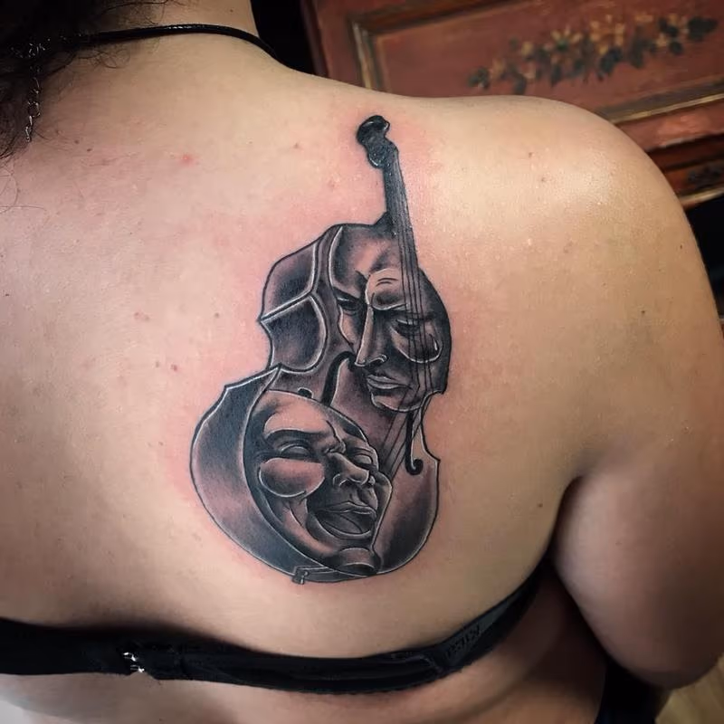Double Bass with Drama Masks in Black and Gray