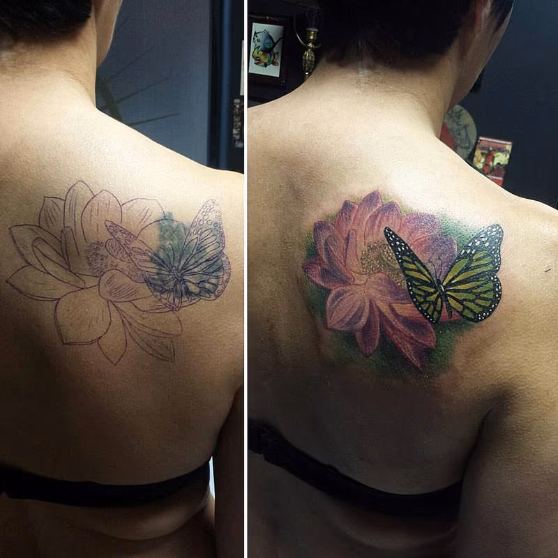 Colored Flower and Butterfly Tattoo Cover-Up
