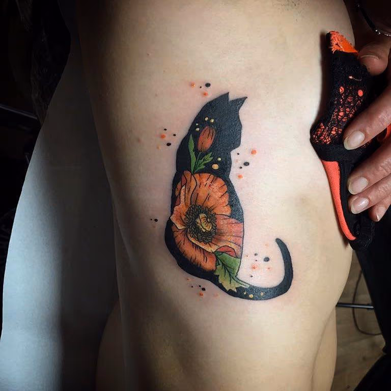 Black Cat with Poppy in Color