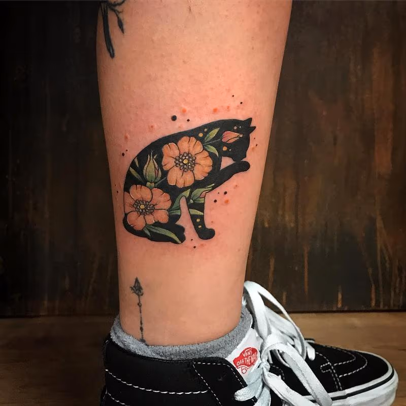 Black Cat with Flowers in Color