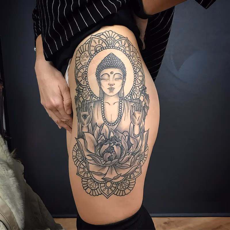 Blackwork Buddah with Mandalas and Flower
