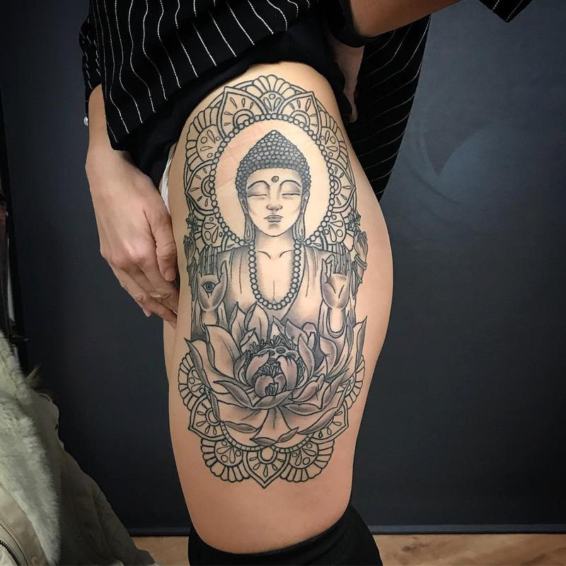 Blackwork Buddah with Mandalas and Flower