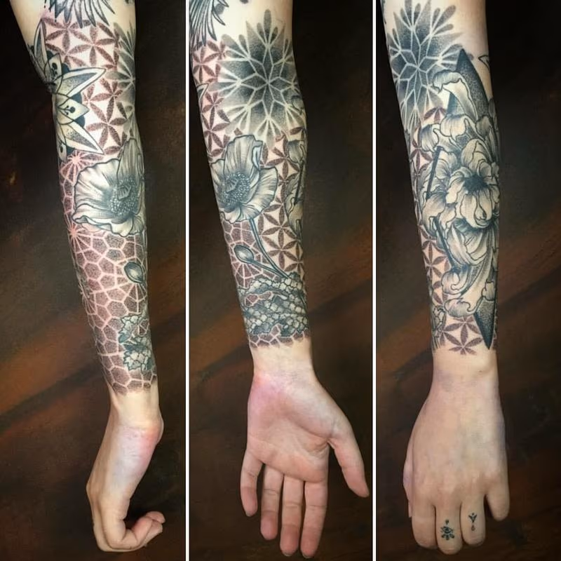 Sleeve with Geometric Elements and Flowers in Dotwork