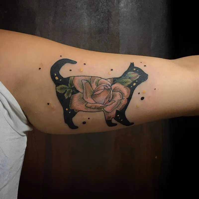 Black Cat with Rose in Color