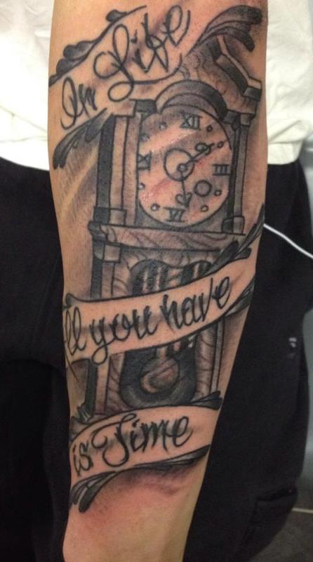 Really fun clock tattoo "in life all you have is time"