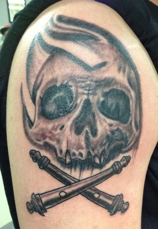 very fun skull and cannons, cannons are because he was in the army.