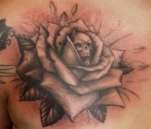 Black and Gray Rose and Skull Tattoo