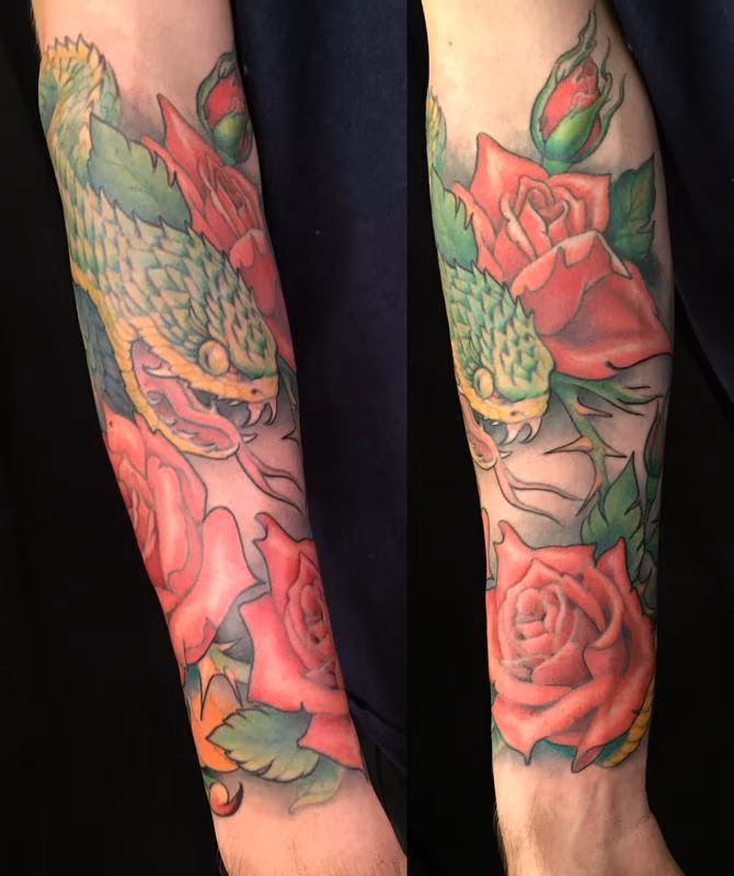 Color Snake and Roses Tattoo
