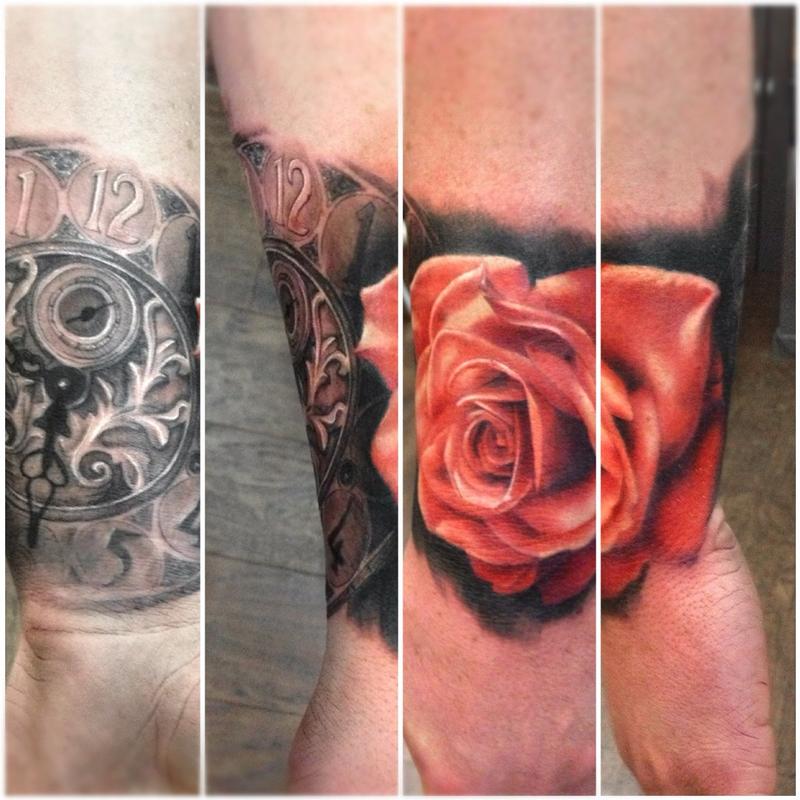 Red rose and clock tattoo