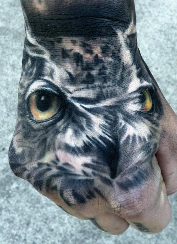 Realistic Owl Hand Tattoo