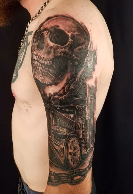 big rig and skull half sleeve