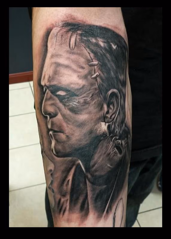 Black and Gray Frankenstein Tattoo